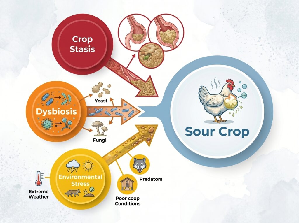 sour crop in chickens causes showing stasis dysbiosis and environmental stress triggers
