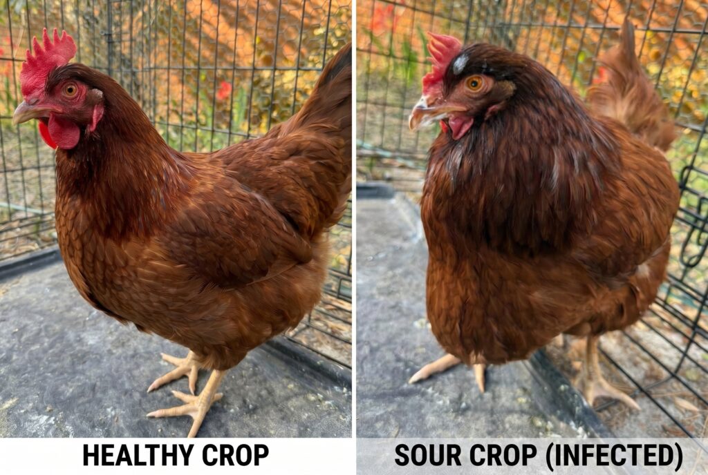 sour crop in chickens comparison showing normal crop versus swollen infected crop